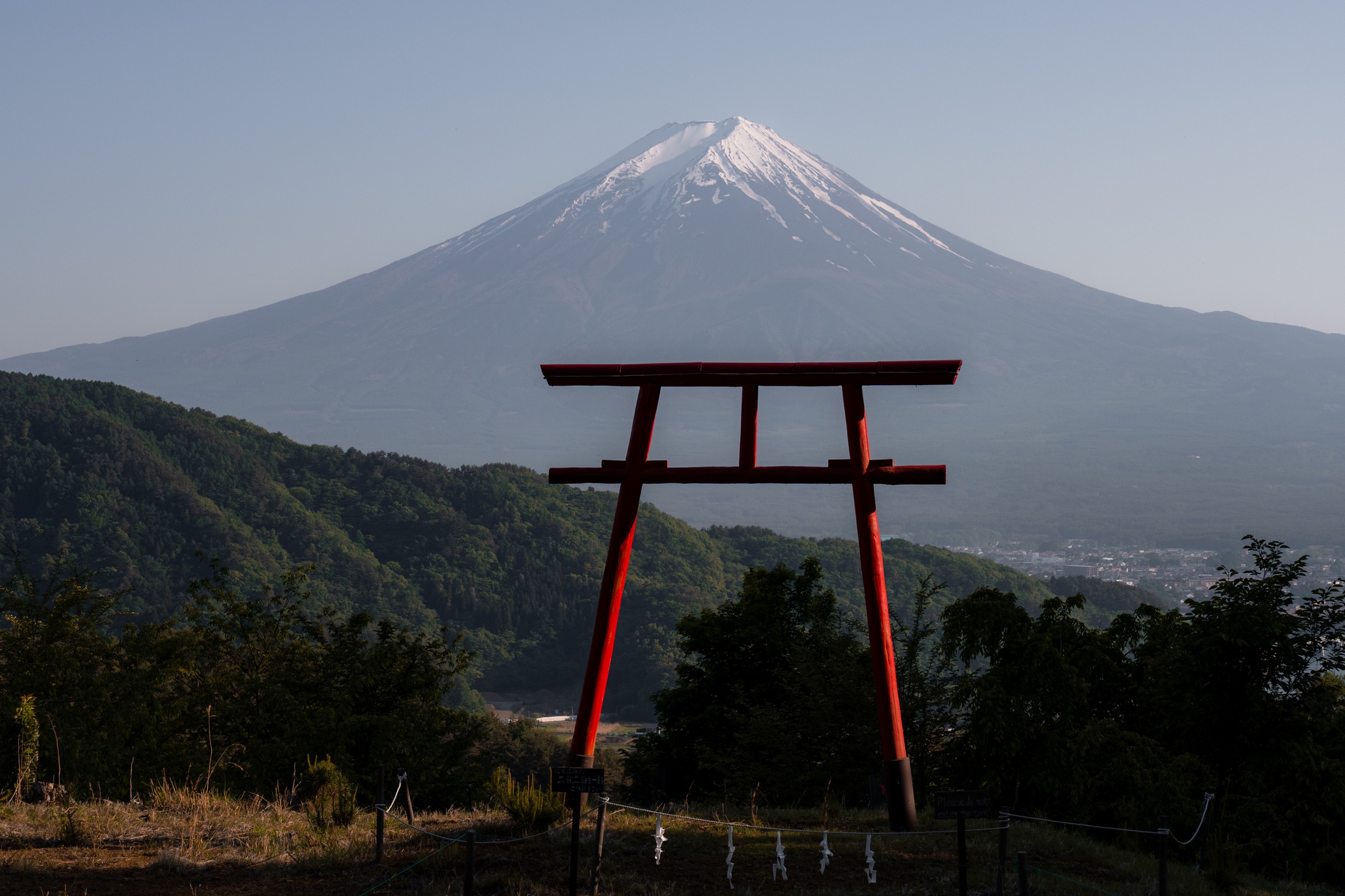 Mount Fuji framed by a red torii gate